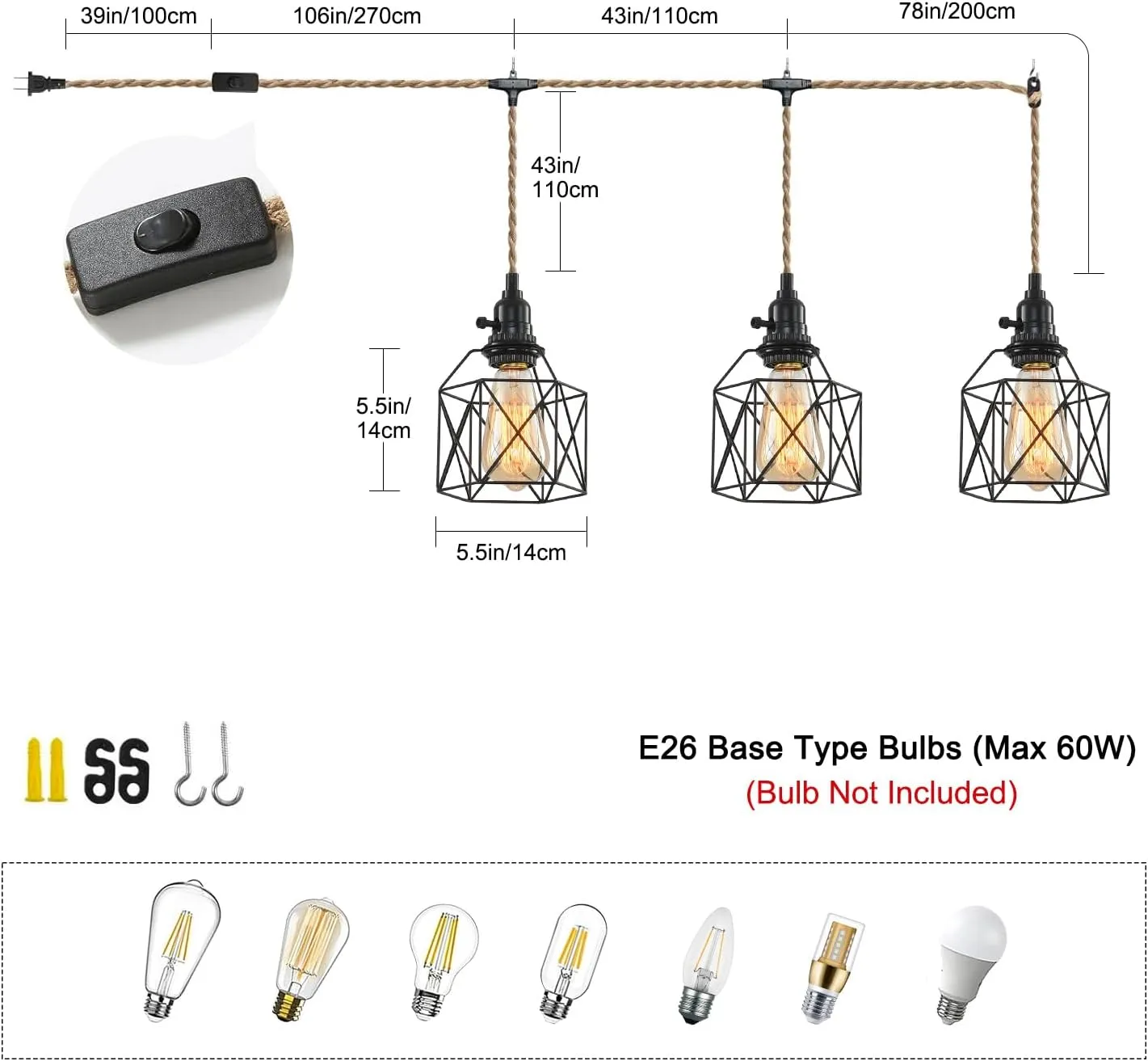 3 Light Hemp Rope Plug in Pendant Light Rattan Hanging Lights with Plug in Cord with Woven Hemp Rope Lamp Shade, Hanging Lights with Plug in Cord Hemp Rope Hanging Lamp