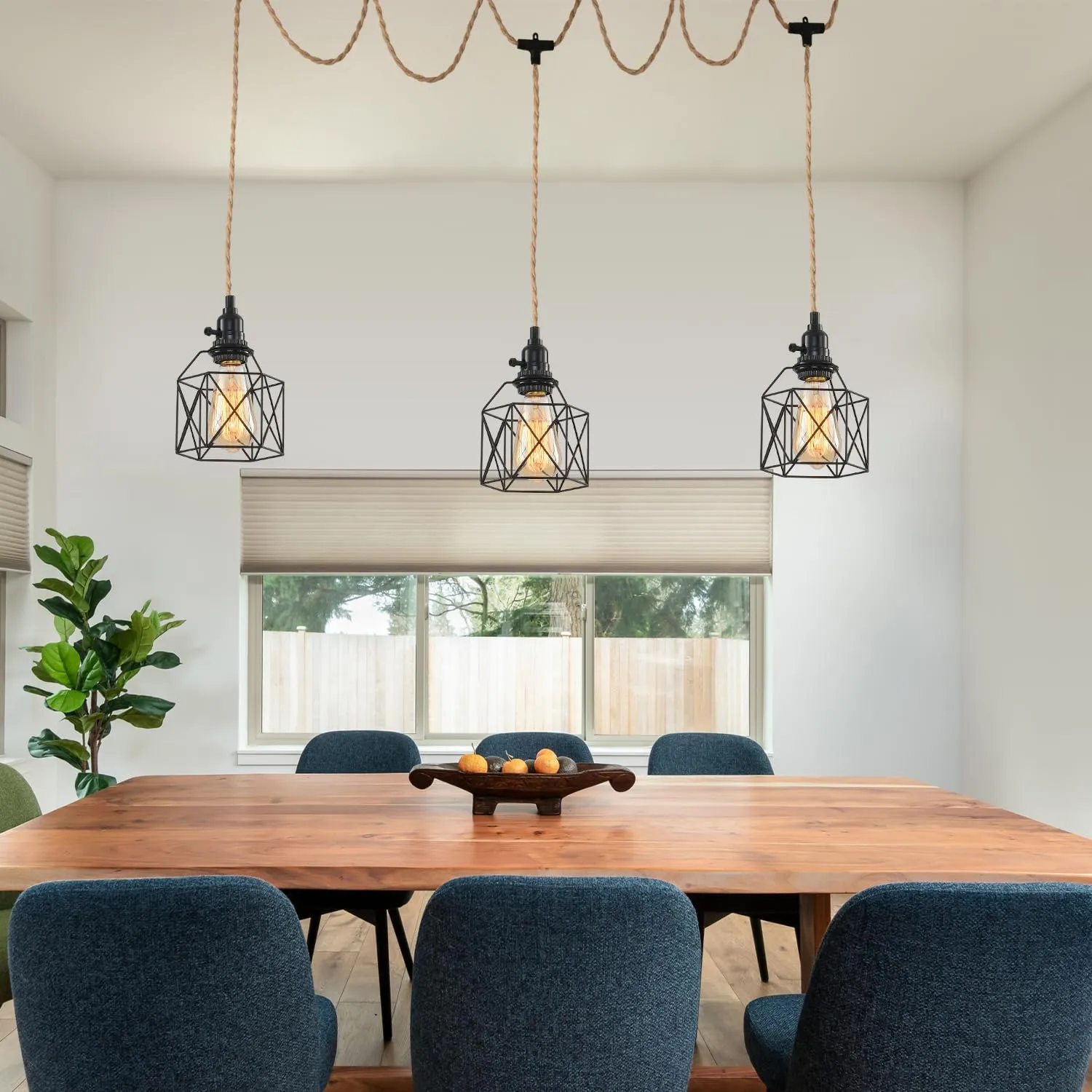 3 Light Hemp Rope Plug in Pendant Light Rattan Hanging Lights with Plug in Cord with Woven Hemp Rope Lamp Shade, Hanging Lights with Plug in Cord Hemp Rope Hanging Lamp