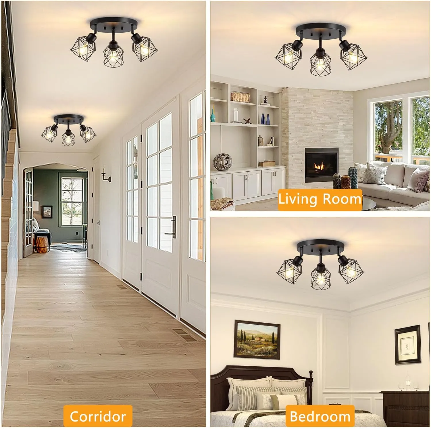 3-Light Kitchen Flush Mount Ceiling Light, Adjustable Multi-Directional Ceiling Light Fixture, Farmhouse Black Metal Cage Close to Ceiling Lamp for Dining Room Bedroom Hallway