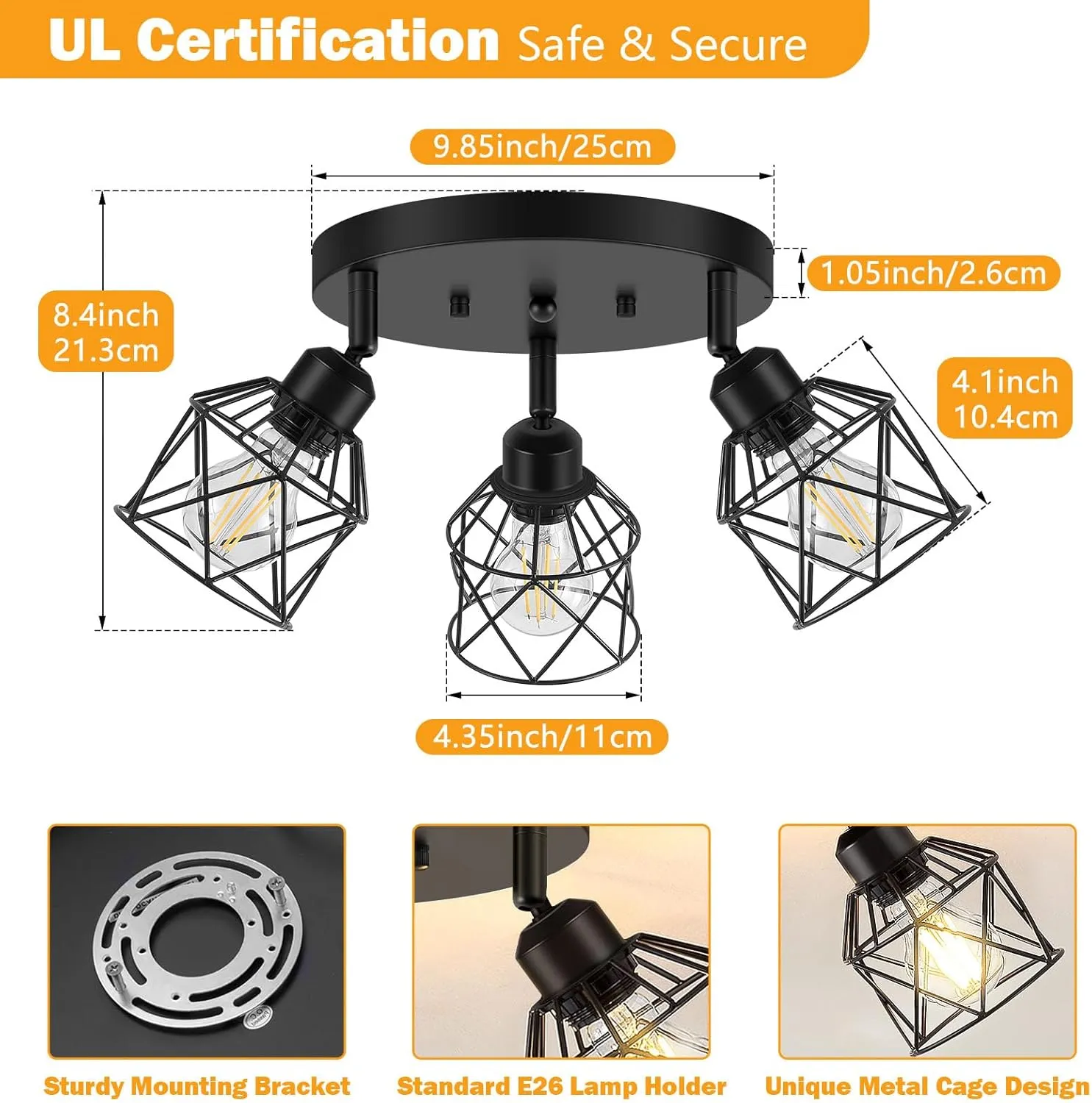 3-Light Kitchen Flush Mount Ceiling Light, Adjustable Multi-Directional Ceiling Light Fixture, Farmhouse Black Metal Cage Close to Ceiling Lamp for Dining Room Bedroom Hallway