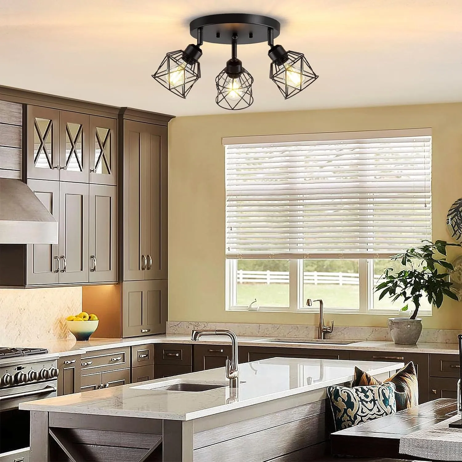 3-Light Kitchen Flush Mount Ceiling Light, Adjustable Multi-Directional Ceiling Light Fixture, Farmhouse Black Metal Cage Close to Ceiling Lamp for Dining Room Bedroom Hallway