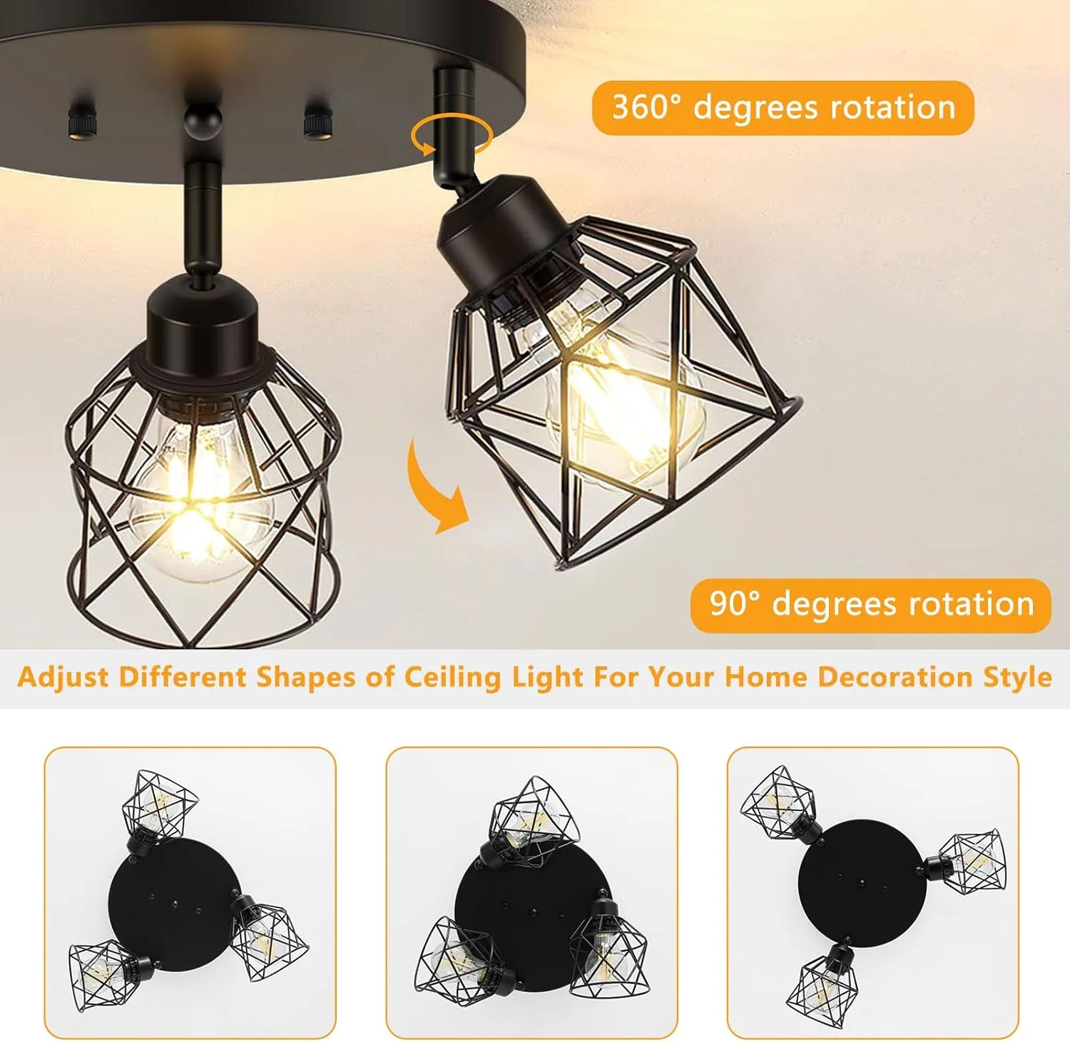 3-Light Kitchen Flush Mount Ceiling Light, Adjustable Multi-Directional Ceiling Light Fixture, Farmhouse Black Metal Cage Close to Ceiling Lamp for Dining Room Bedroom Hallway