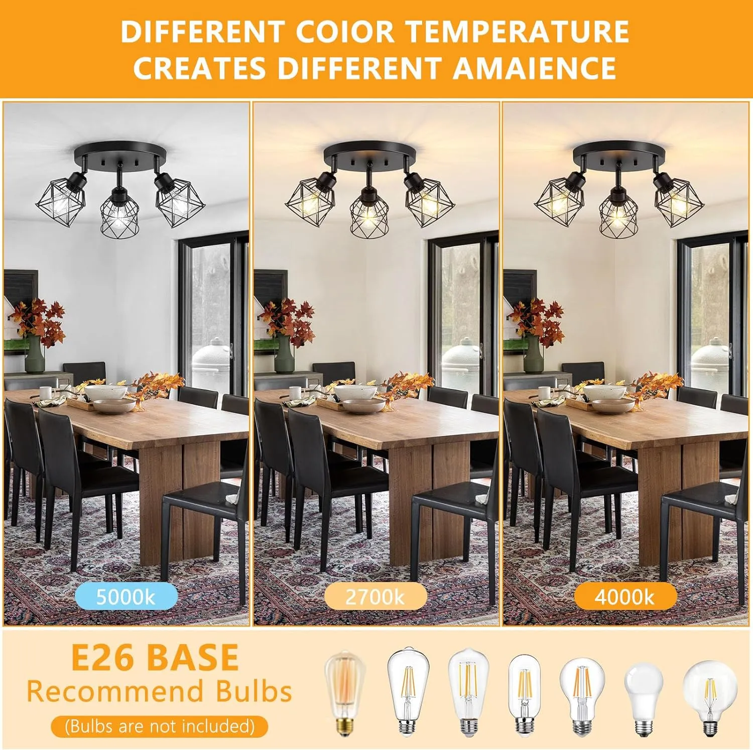 3-Light Kitchen Flush Mount Ceiling Light, Adjustable Multi-Directional Ceiling Light Fixture, Farmhouse Black Metal Cage Close to Ceiling Lamp for Dining Room Bedroom Hallway