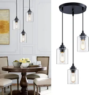 3-Light Pendant Lighting,3 Pendant Light Fixture for Kitchen Island,Dining Lamp Ceiling Hanging,with Adjustable Cord and Glass Shade for Farmhouse Living Dining Room Bar,Black