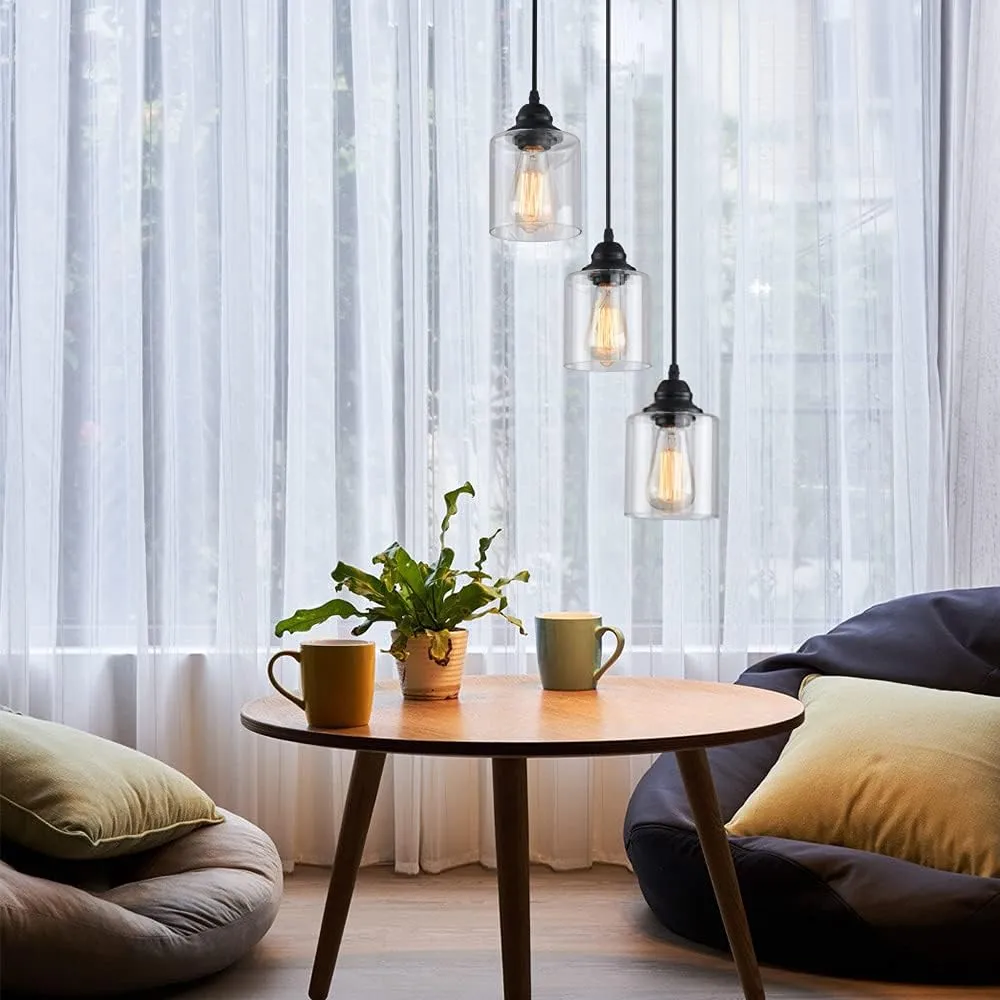 3-Lights Industrial Pendant Light with Glass Shade Matte Black Pendant Lighting Adjustable Industrial Retro Style Hanging Light Fixture for Kitchen, Farmhouse