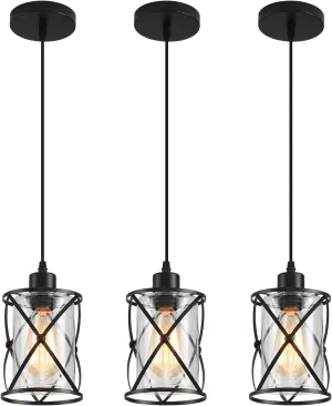 3-Lights Industrial Pendant Light with Glass Shade Matte Black Pendant Lighting Adjustable Industrial Retro Style Hanging Light Fixture for Kitchen, Farmhouse