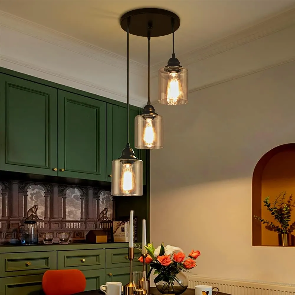 3-Lights Industrial Pendant Light with Glass Shade Matte Black Pendant Lighting Adjustable Industrial Retro Style Hanging Light Fixture for Kitchen, Farmhouse