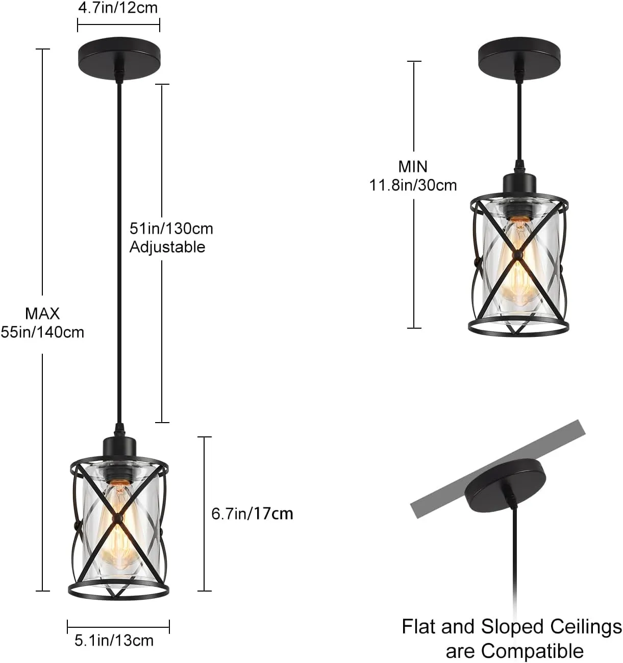 3-Lights Industrial Pendant Light with Glass Shade Matte Black Pendant Lighting Adjustable Industrial Retro Style Hanging Light Fixture for Kitchen, Farmhouse