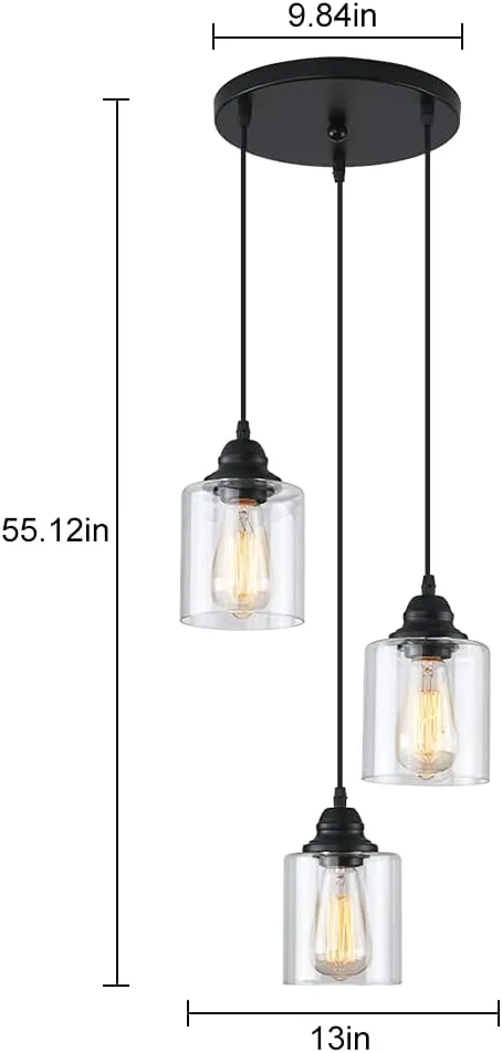 3-Lights Industrial Pendant Light with Glass Shade Matte Black Pendant Lighting Adjustable Industrial Retro Style Hanging Light Fixture for Kitchen, Farmhouse