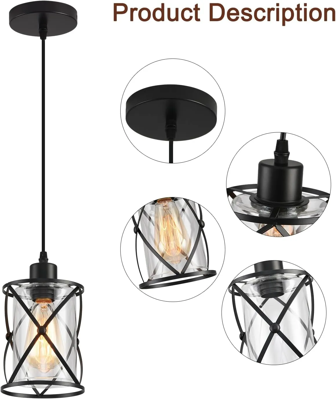 3-Lights Industrial Pendant Light with Glass Shade Matte Black Pendant Lighting Adjustable Industrial Retro Style Hanging Light Fixture for Kitchen, Farmhouse