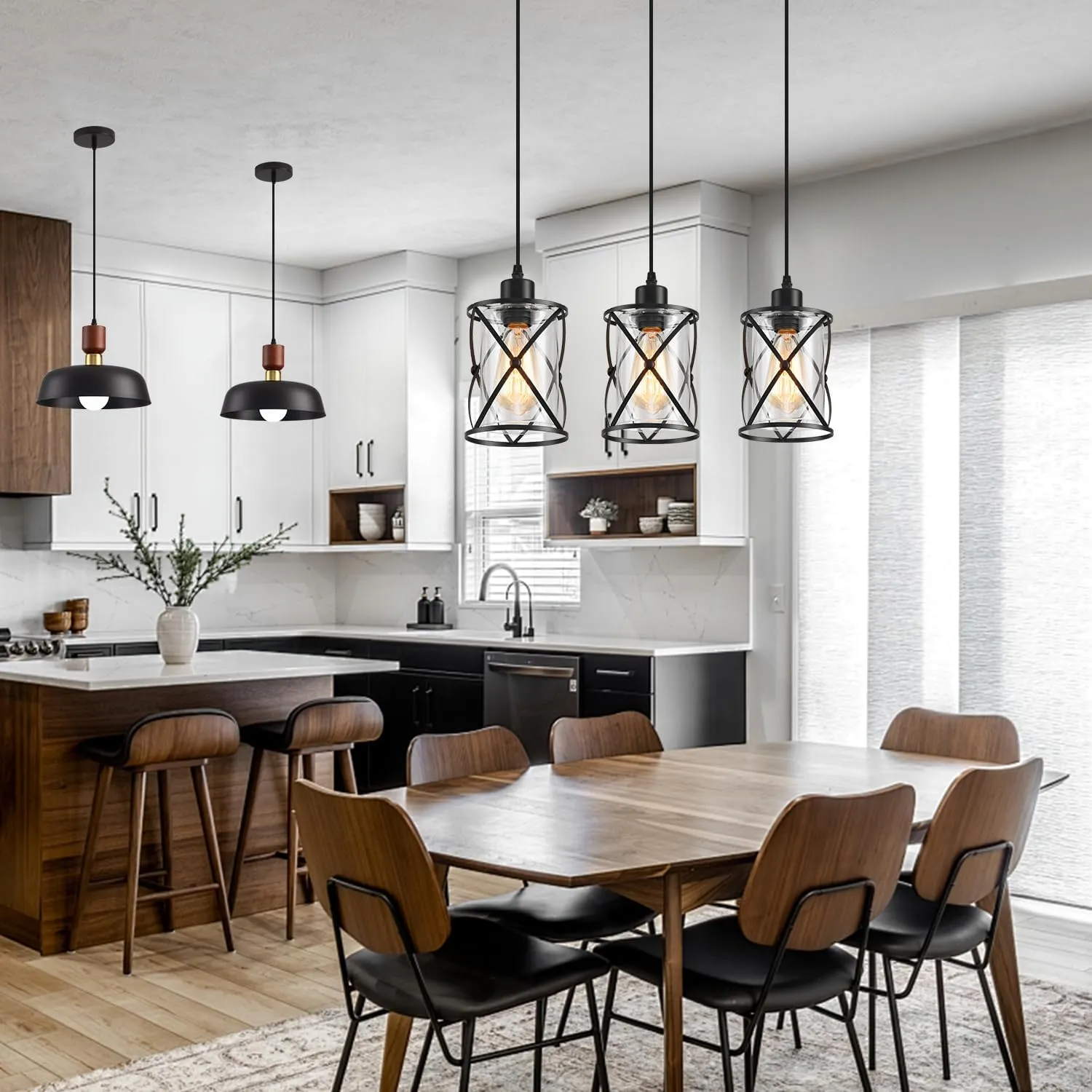 3-Lights Industrial Pendant Light with Glass Shade Matte Black Pendant Lighting Adjustable Industrial Retro Style Hanging Light Fixture for Kitchen, Farmhouse