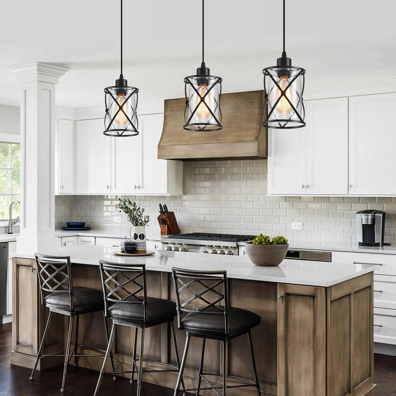 3-Lights Industrial Pendant Light with Glass Shade Matte Black Pendant Lighting Adjustable Industrial Retro Style Hanging Light Fixture for Kitchen, Farmhouse