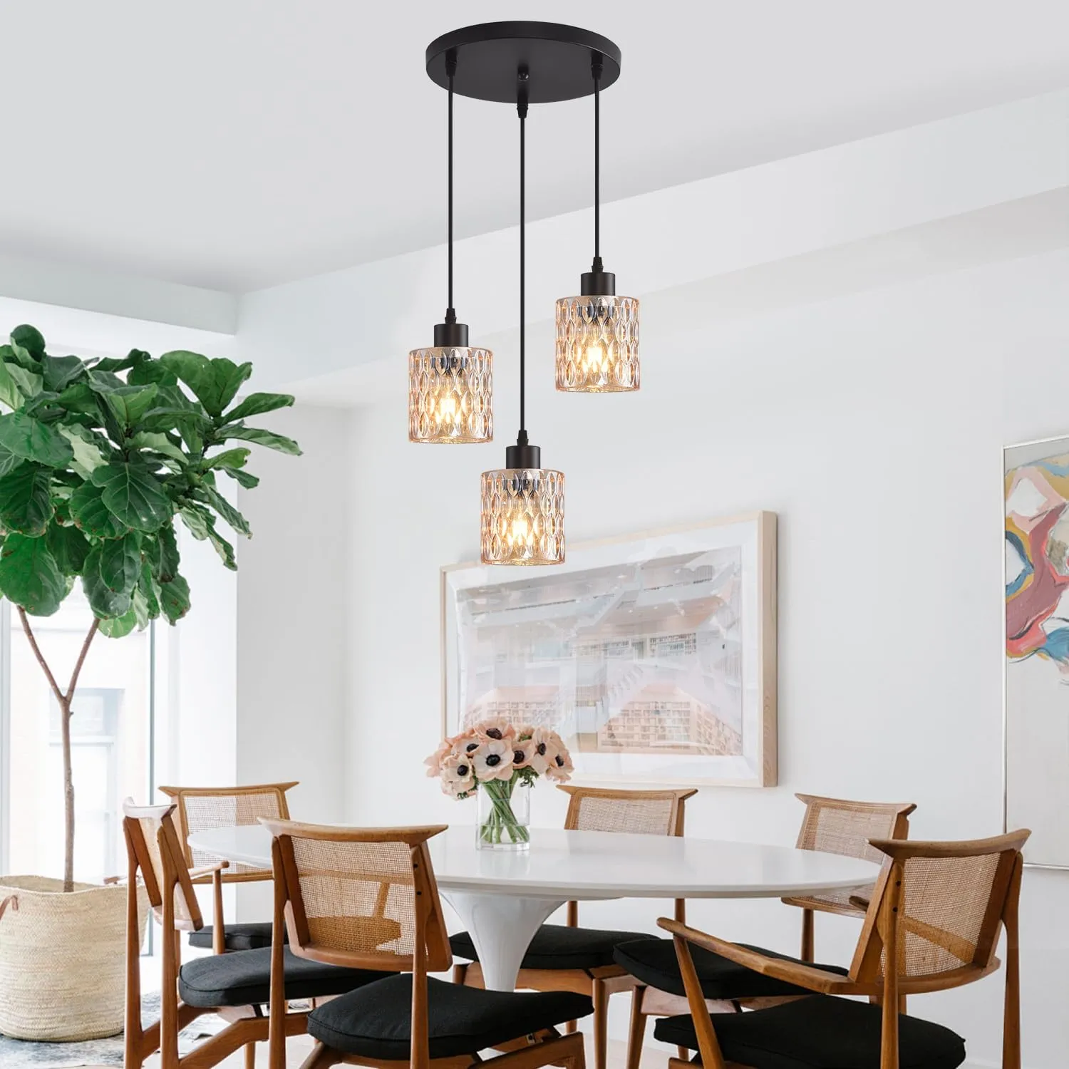 3 Lights Industrial Pendant Light with Glass Shade Matte Black Pendant Lighting Adjustable Industrial Retro Style Hanging Light,Kitchen Island Farmhouse Pendant Lights Fixtures for Kitchen,Farmhouse