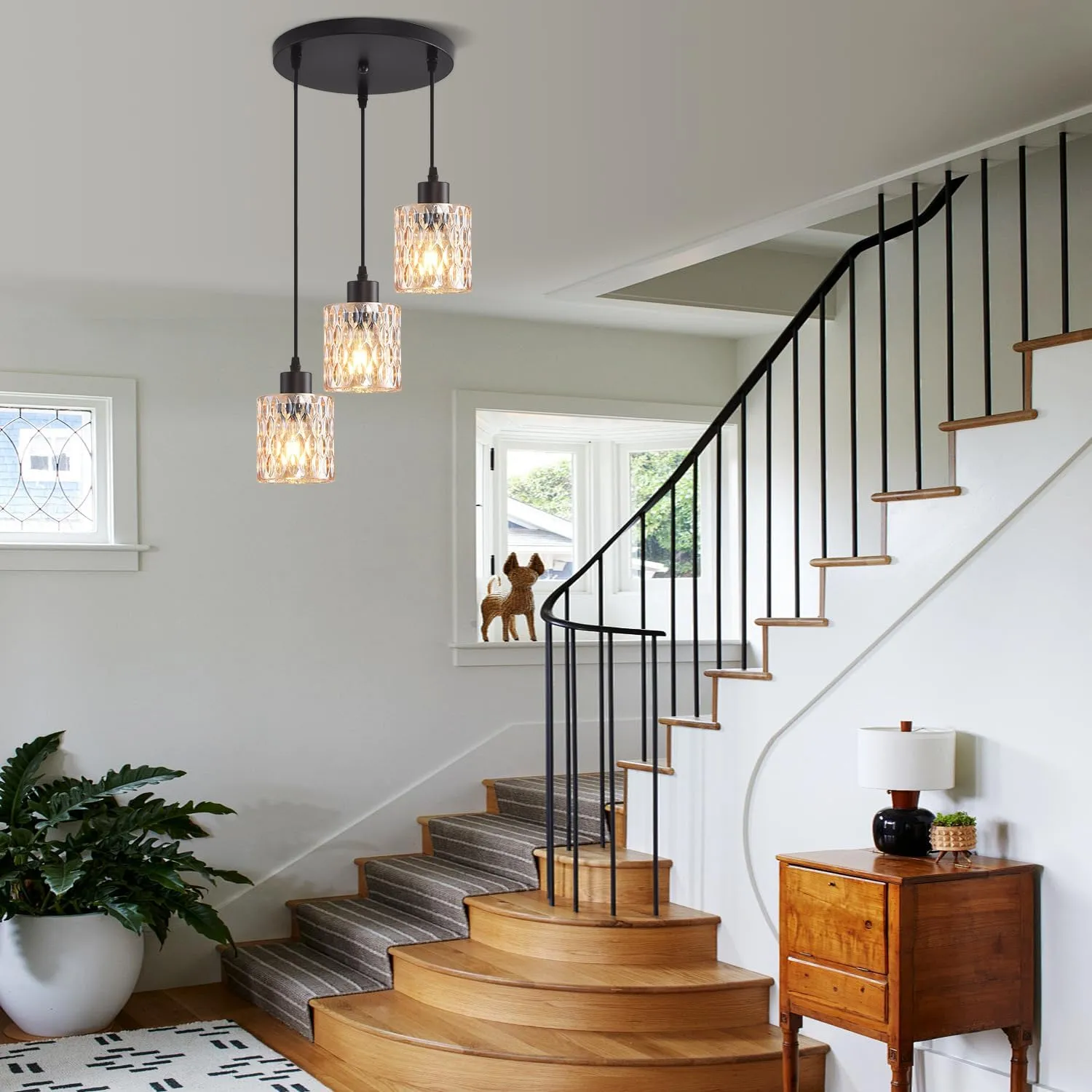 3 Lights Industrial Pendant Light with Glass Shade Matte Black Pendant Lighting Adjustable Industrial Retro Style Hanging Light,Kitchen Island Farmhouse Pendant Lights Fixtures for Kitchen,Farmhouse