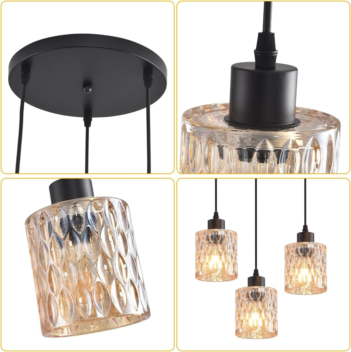 3 Lights Industrial Pendant Light with Glass Shade Matte Black Pendant Lighting Adjustable Industrial Retro Style Hanging Light,Kitchen Island Farmhouse Pendant Lights Fixtures for Kitchen,Farmhouse