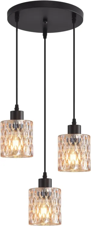 3 Lights Industrial Pendant Light with Glass Shade Matte Black Pendant Lighting Adjustable Industrial Retro Style Hanging Light,Kitchen Island Farmhouse Pendant Lights Fixtures for Kitchen,Farmhouse