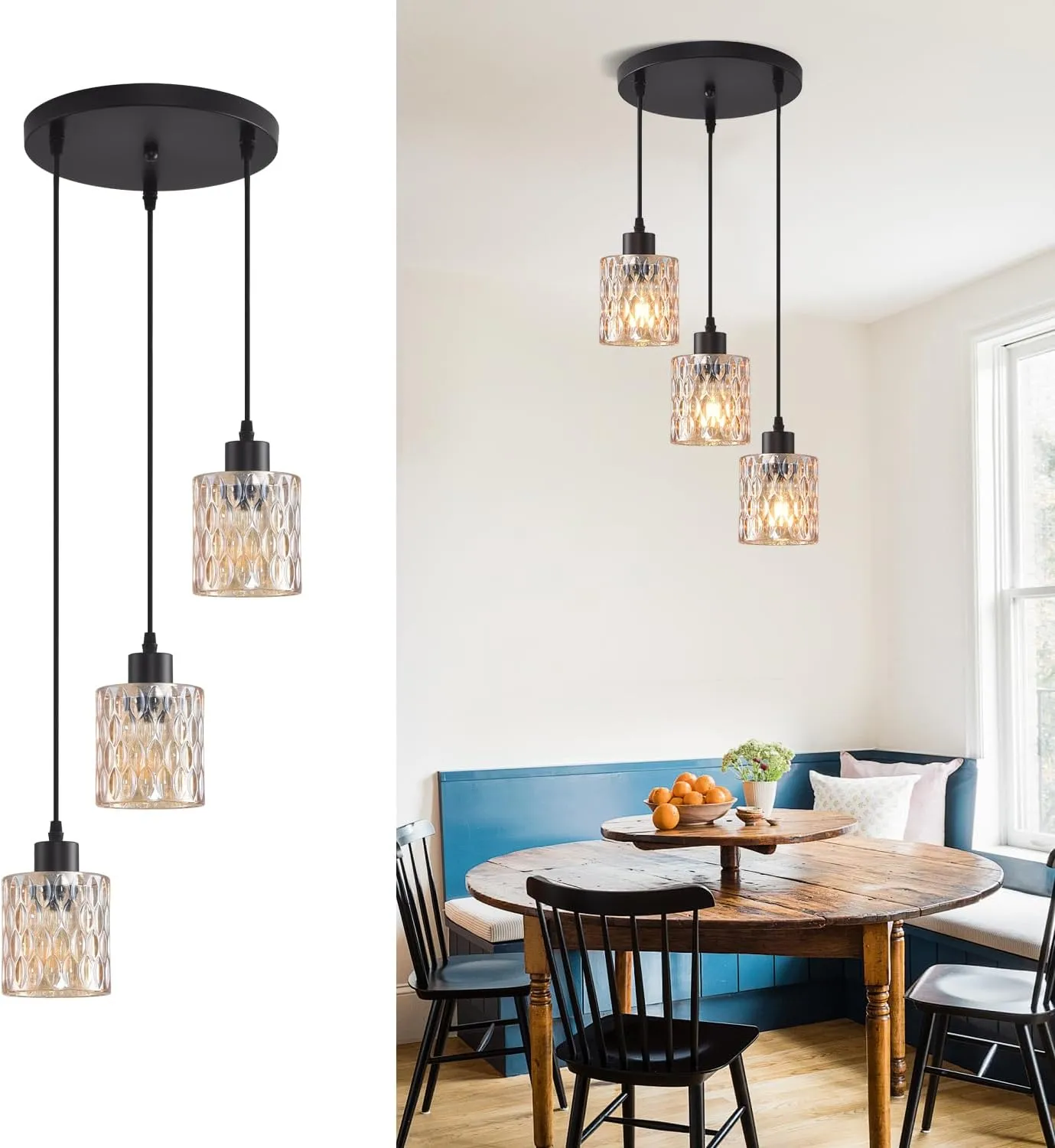 3 Lights Industrial Pendant Light with Glass Shade Matte Black Pendant Lighting Adjustable Industrial Retro Style Hanging Light,Kitchen Island Farmhouse Pendant Lights Fixtures for Kitchen,Farmhouse
