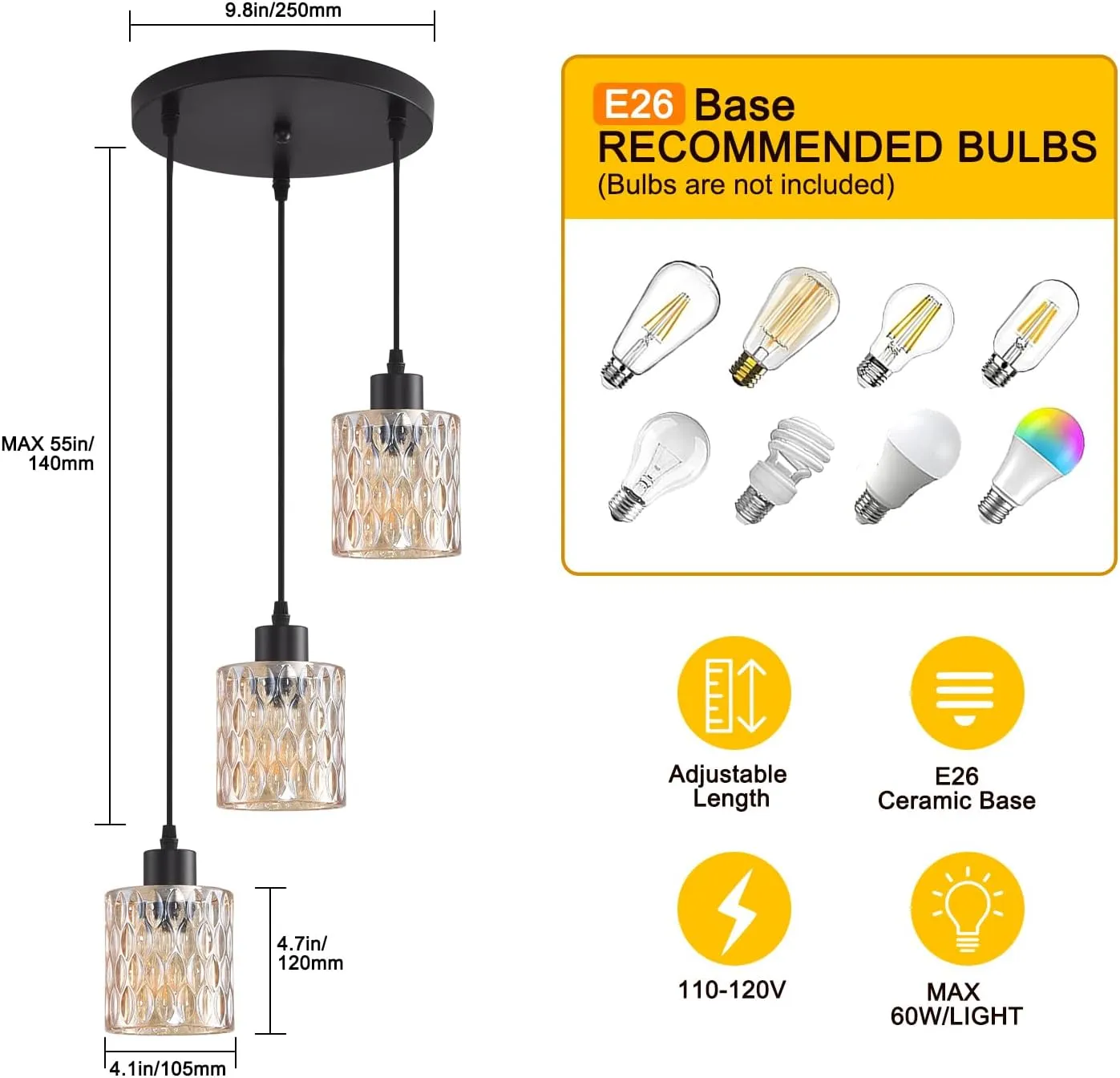 3 Lights Industrial Pendant Light with Glass Shade Matte Black Pendant Lighting Adjustable Industrial Retro Style Hanging Light,Kitchen Island Farmhouse Pendant Lights Fixtures for Kitchen,Farmhouse