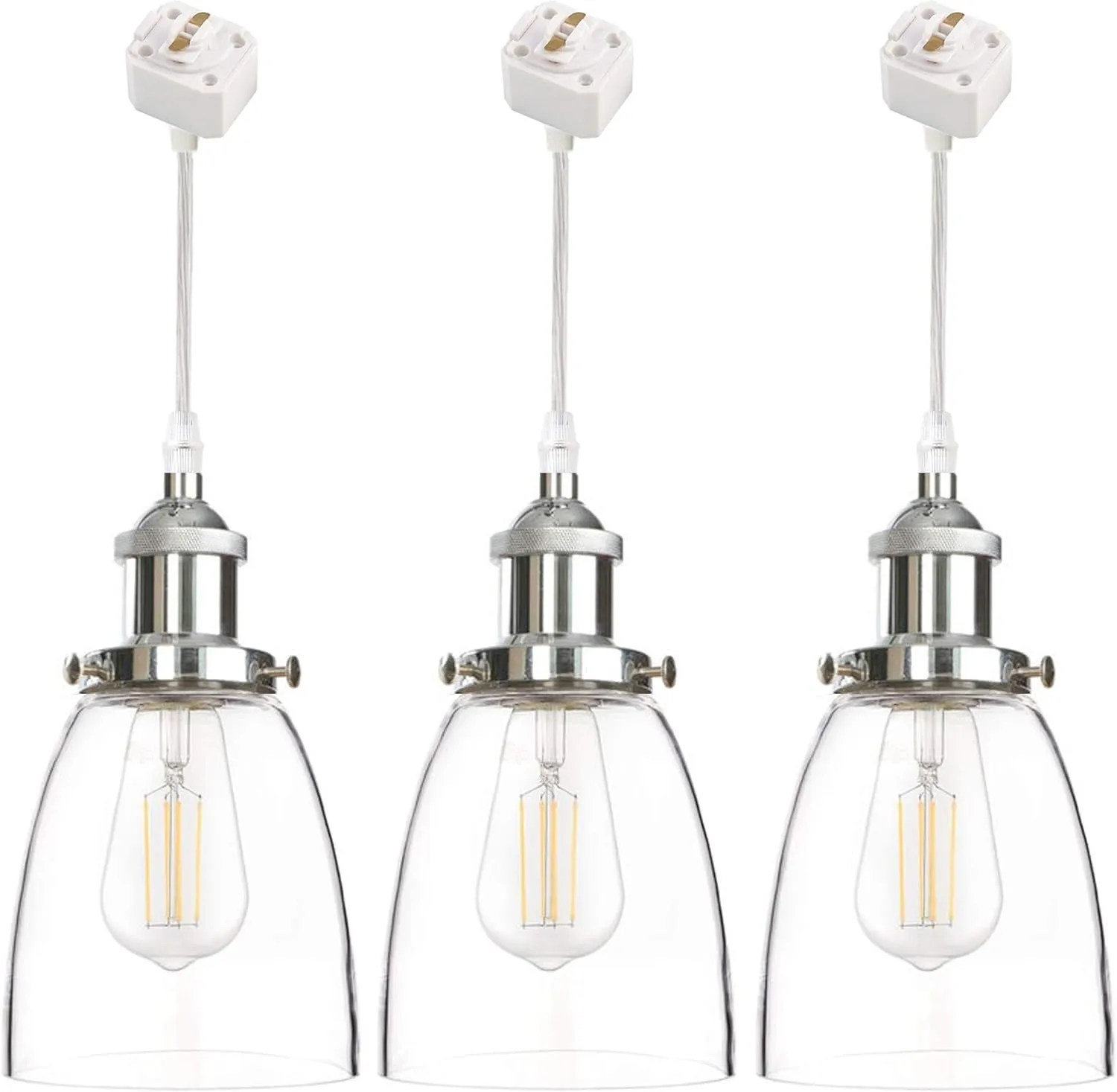 3-Pack L-Type Track Lighting Pendants Restaurant Cone Shape Clear Glass Lampshade with Chrome E26 Socket Lightolier Compatible Track Light Industrial Factory Customizable 4FT Pendant Light