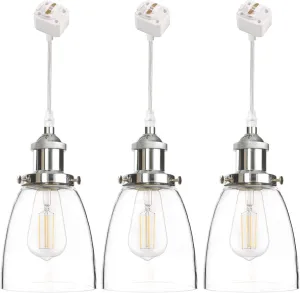 3-Pack L-Type Track Lighting Pendants Restaurant Cone Shape Clear Glass Lampshade with Chrome E26 Socket Lightolier Compatible Track Light Industrial Factory Customizable 4FT Pendant Light