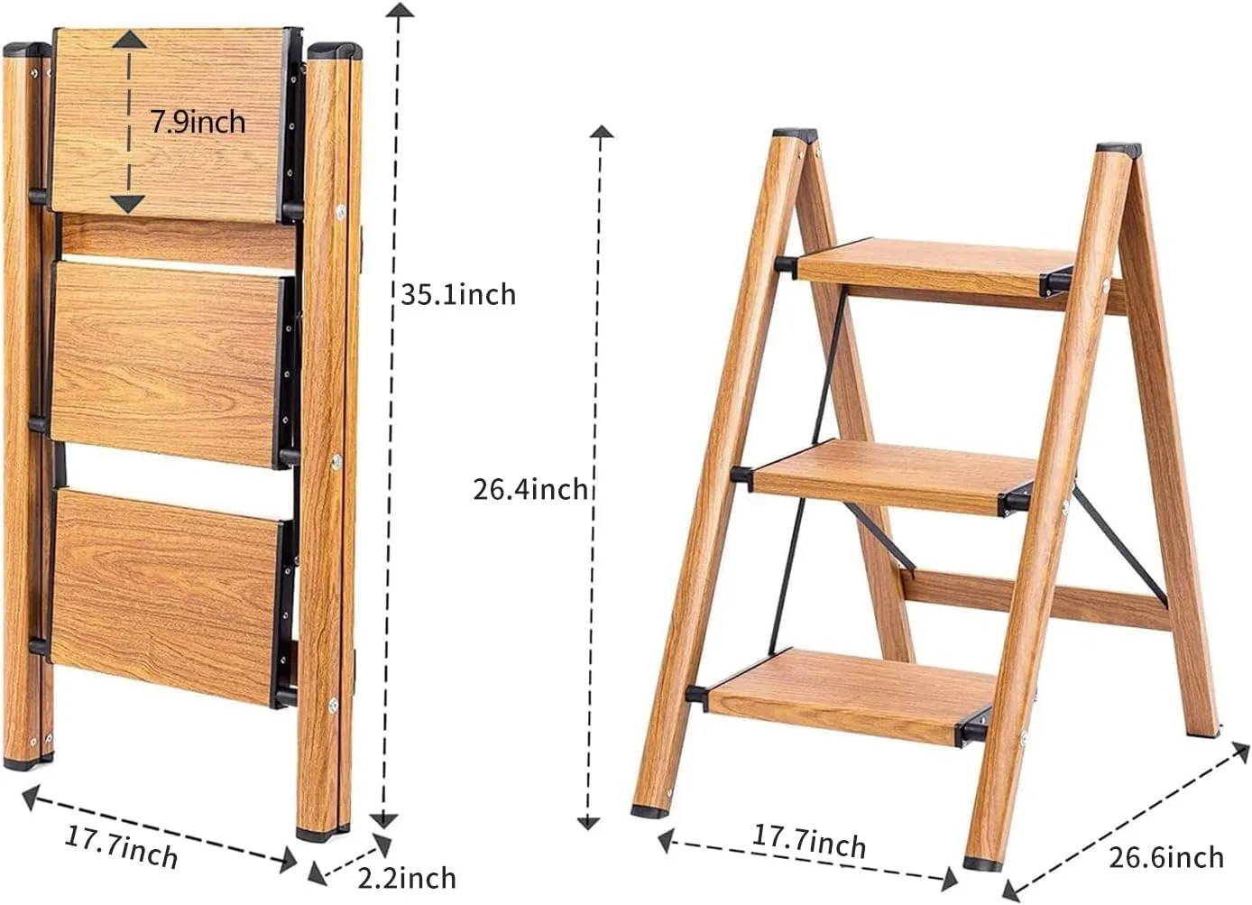 3 Step Ladder, Folding Step Stool with Anti-Slip Wide Sturdy Pedal and Handgrip, Multi-Use for Home and Kitchen Use, Space Saving-Woodgrain(300 lbs Capacity)