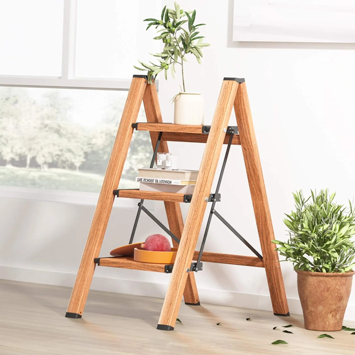 3 Step Ladder, Folding Step Stool with Anti-Slip Wide Sturdy Pedal and Handgrip, Multi-Use for Home and Kitchen Use, Space Saving-Woodgrain(300 lbs Capacity)