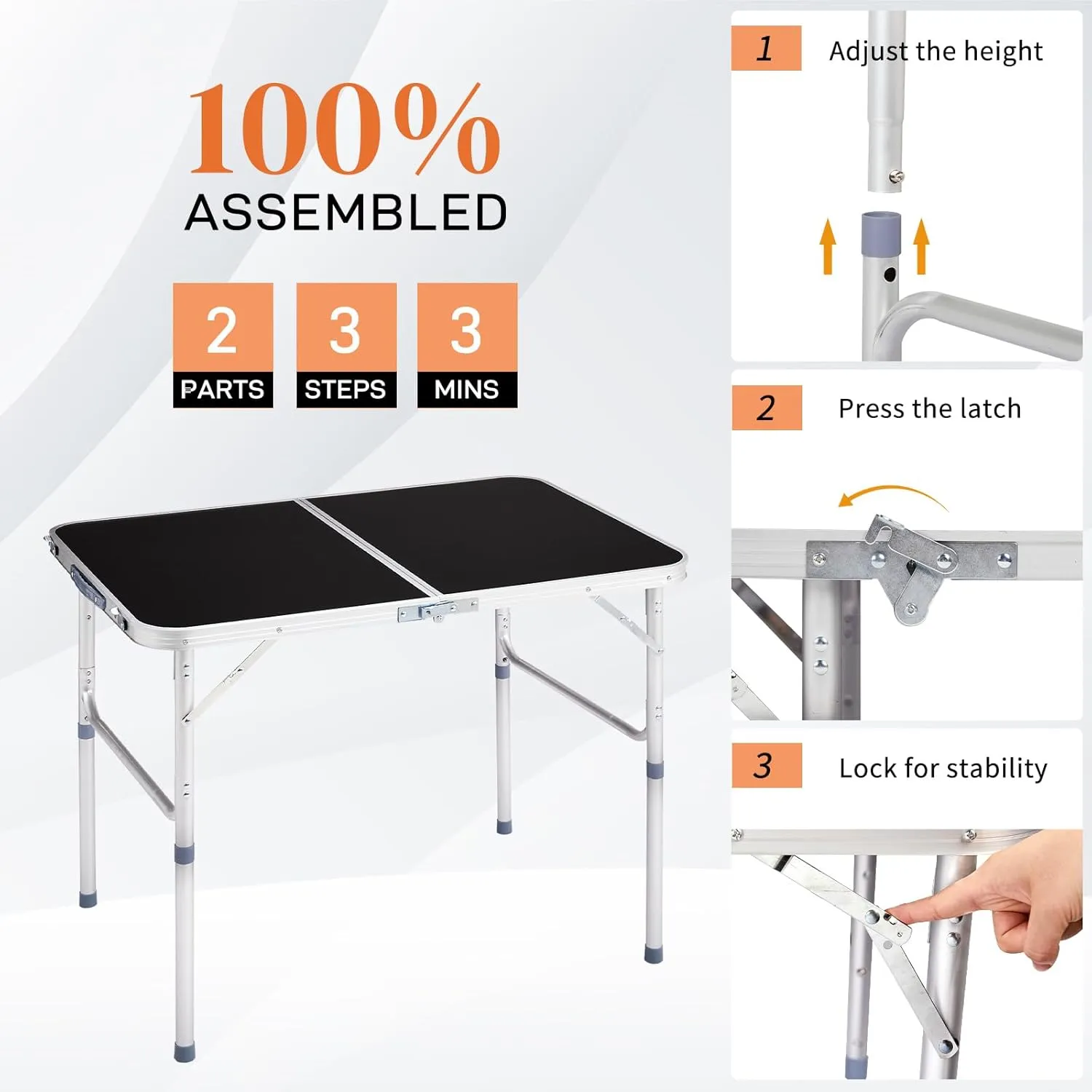 3.0 Ft Folding Portable Camping Table with Adjustable Height Legs, RV Dining Tables, Grill, DJ, BBQ, Dining, Picnic, Cooking, Beach, Garden, Black