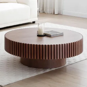 31.49'' Coffee Table, Round Coffee Table, Wood Coffee Table for Living Room, Handcrafted Relief Carving, Easy Assembly, Walnut