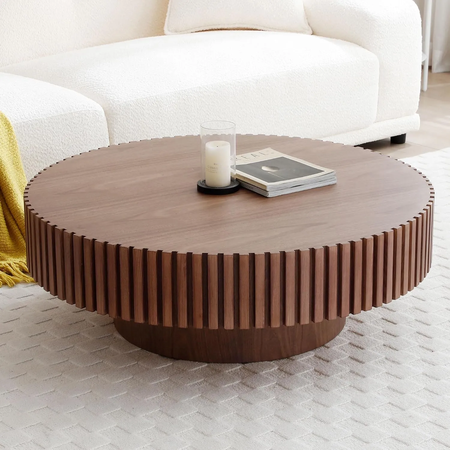31.49'' Coffee Table, Round Coffee Table, Wood Coffee Table for Living Room, Handcrafted Relief Carving, Easy Assembly, Walnut