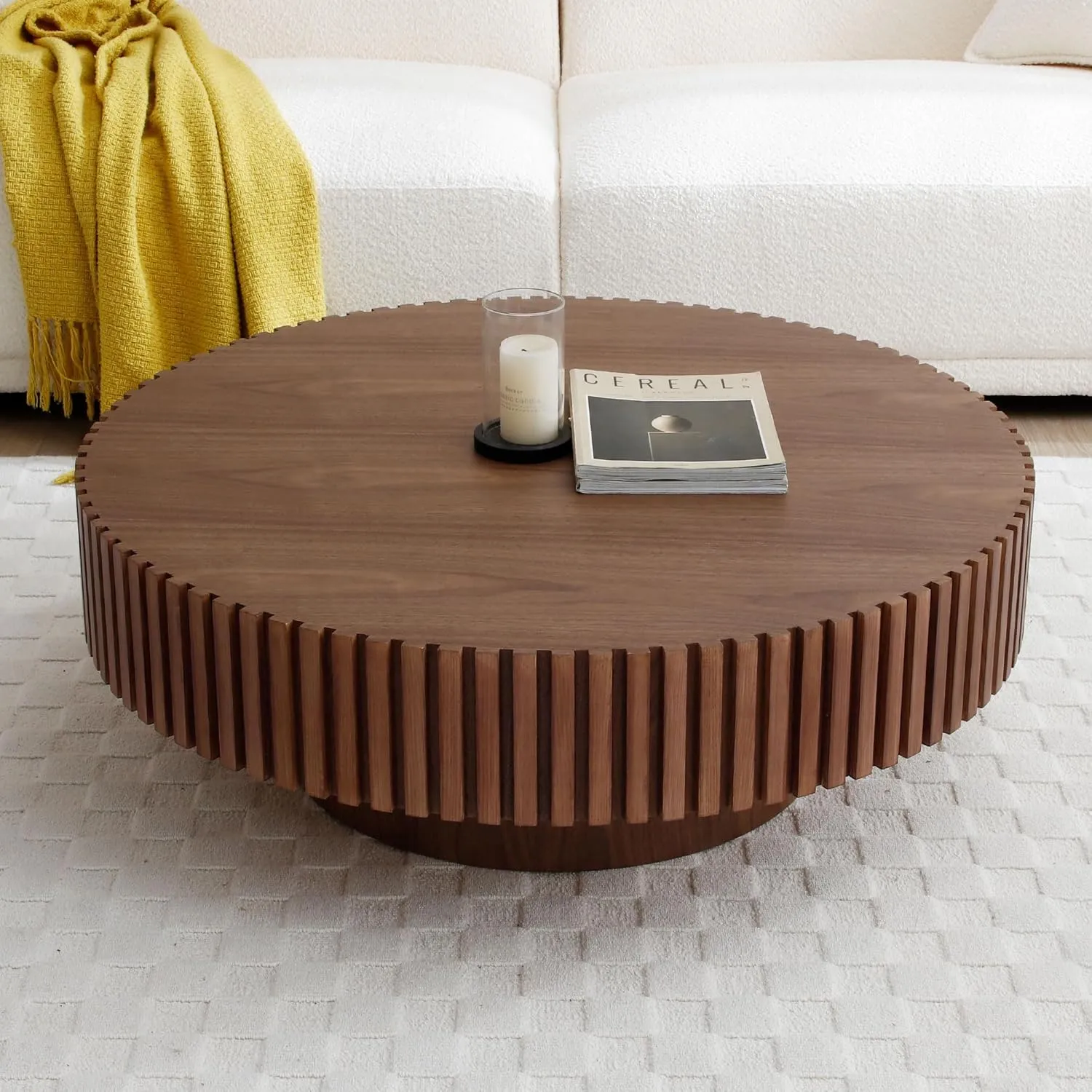 31.49'' Coffee Table, Round Coffee Table, Wood Coffee Table for Living Room, Handcrafted Relief Carving, Easy Assembly, Walnut