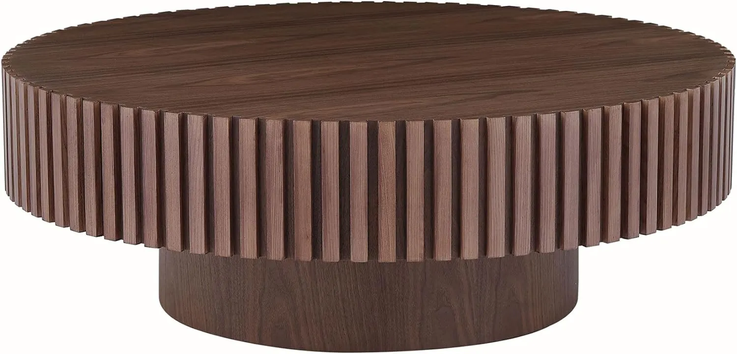 31.49'' Coffee Table, Round Coffee Table, Wood Coffee Table for Living Room, Handcrafted Relief Carving, Easy Assembly, Walnut
