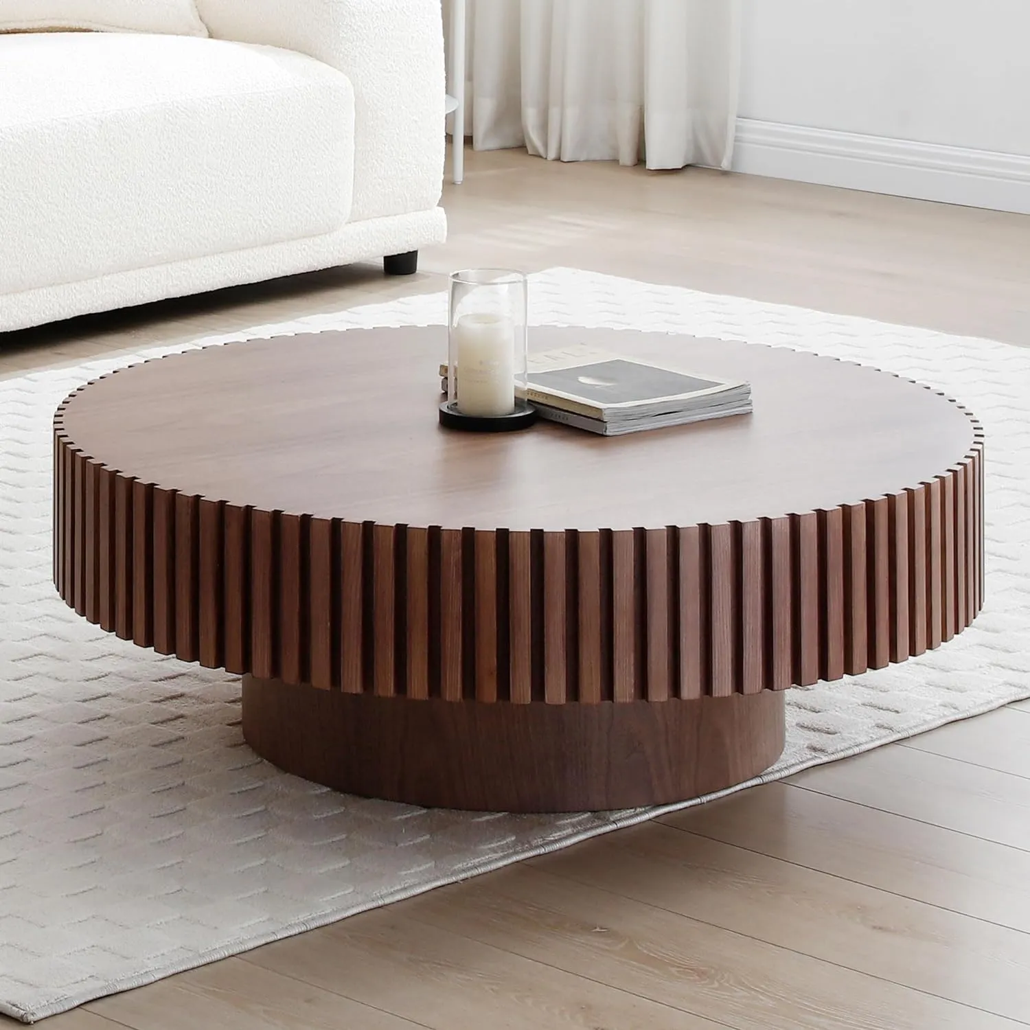 31.49'' Coffee Table, Round Coffee Table, Wood Coffee Table for Living Room, Handcrafted Relief Carving, Easy Assembly, Walnut
