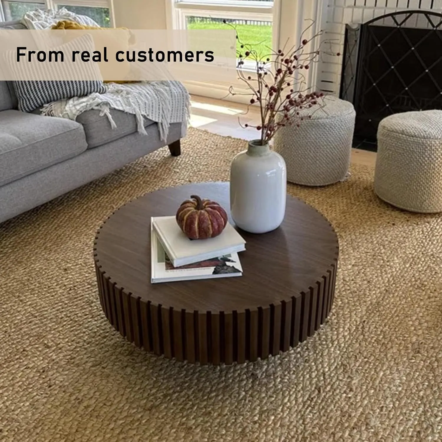31.49'' Coffee Table, Round Coffee Table, Wood Coffee Table for Living Room, Handcrafted Relief Carving, Easy Assembly, Walnut