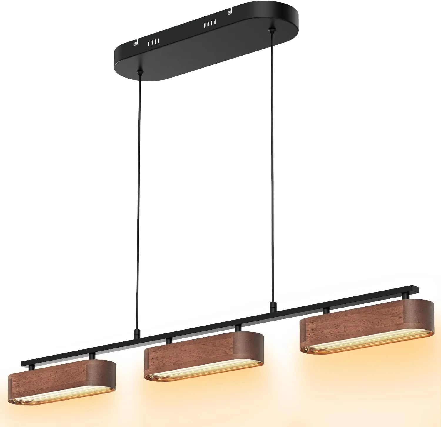 37.6" Kitchen Island Lights, 28W Wood Dining Room Light Fixtures Over Table, Dimmable Linear Pendant Lights for Kitchen Island, 3-Light Rustic Hanging Farmhouse Chandeliers, Walnut Color