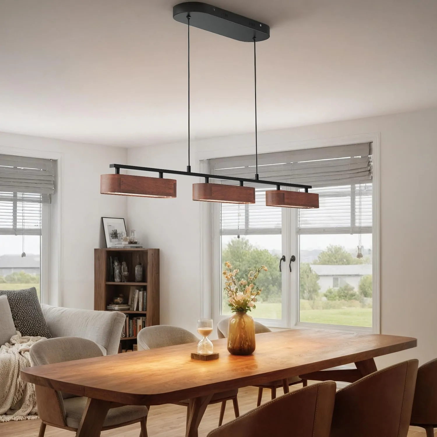 37.6" Kitchen Island Lights, 28W Wood Dining Room Light Fixtures Over Table, Dimmable Linear Pendant Lights for Kitchen Island, 3-Light Rustic Hanging Farmhouse Chandeliers, Walnut Color