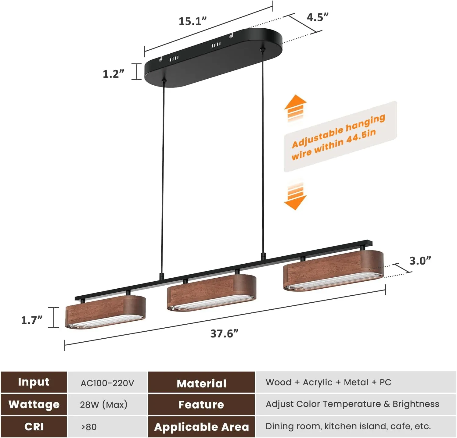 37.6" Kitchen Island Lights, 28W Wood Dining Room Light Fixtures Over Table, Dimmable Linear Pendant Lights for Kitchen Island, 3-Light Rustic Hanging Farmhouse Chandeliers, Walnut Color
