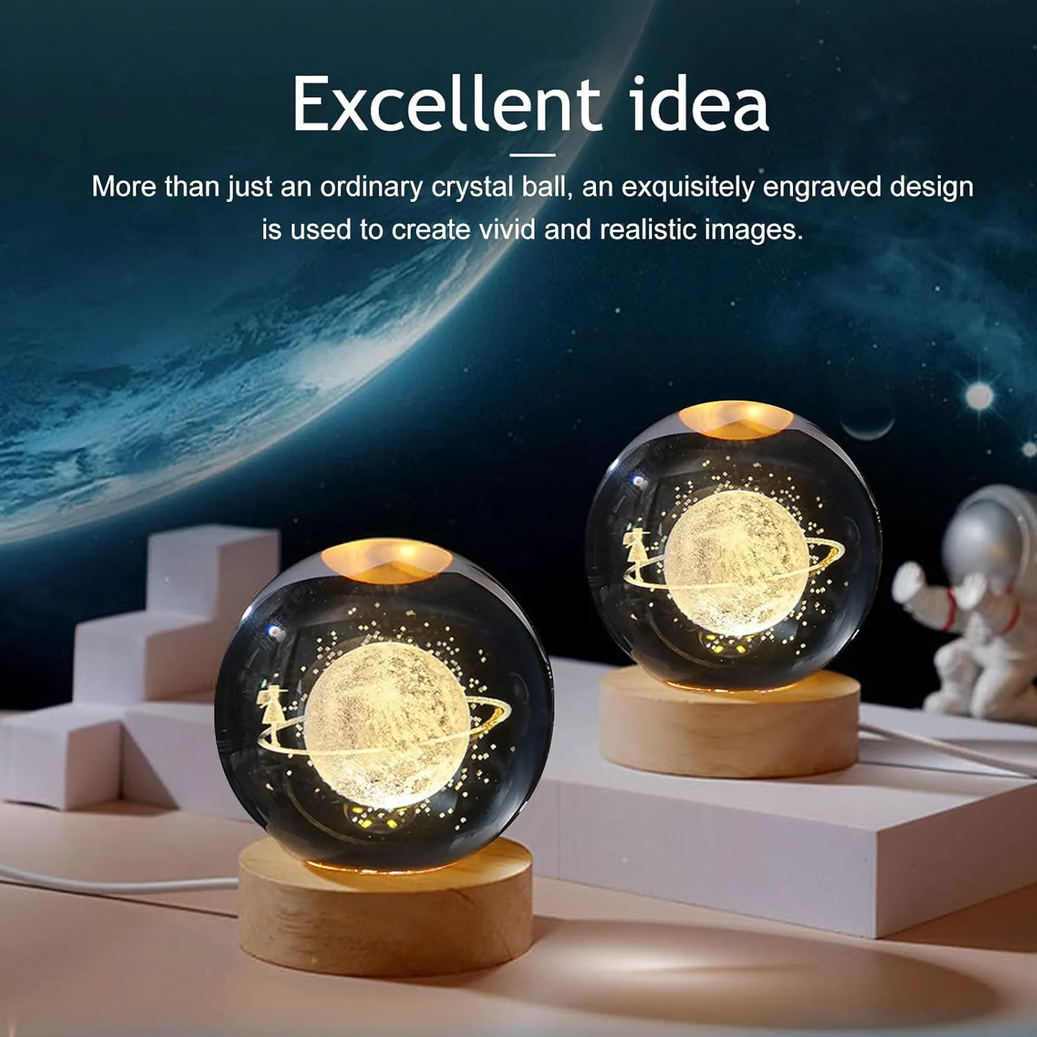 3D Crystal Ball Night Light - Starry Sky Crystal Glass Sphere Lamp with Wooden Base, Starry Sky Model Decor Crystal Display Sculpture Home Decor Present for Women Friends Girls