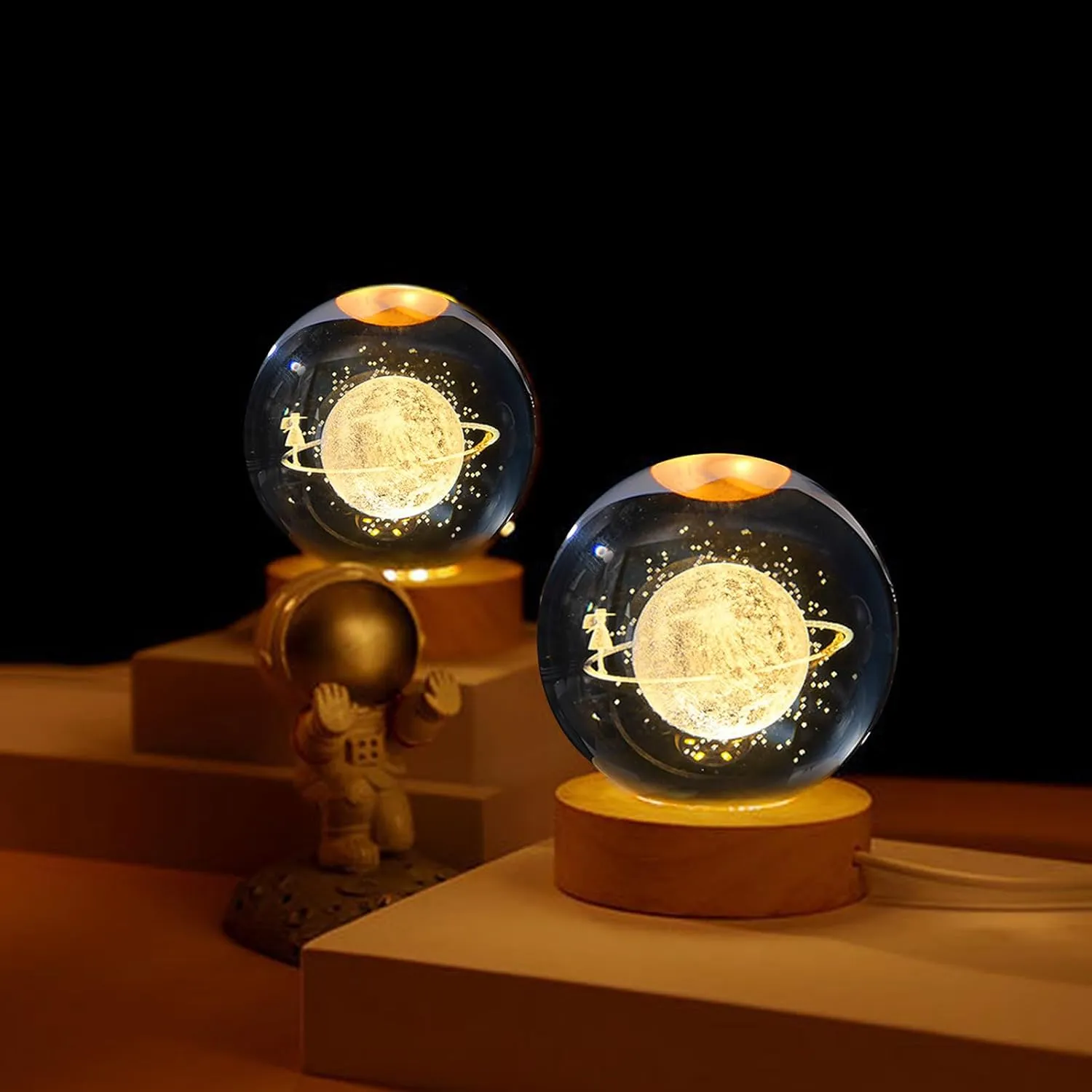 3D Crystal Ball Night Light - Starry Sky Crystal Glass Sphere Lamp with Wooden Base, Starry Sky Model Decor Crystal Display Sculpture Home Decor Present for Women Friends Girls