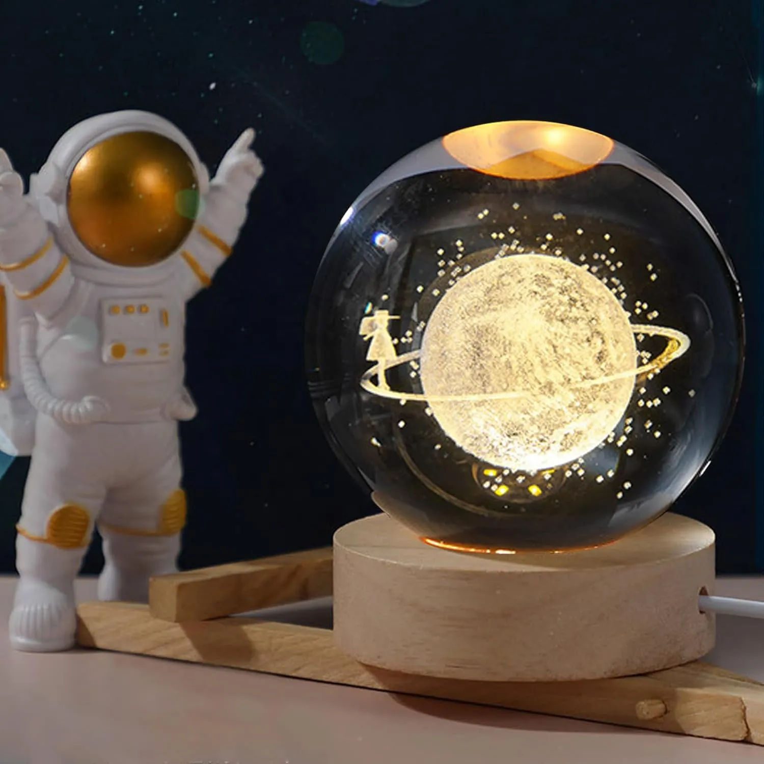 3D Crystal Ball Night Light - Starry Sky Crystal Glass Sphere Lamp with Wooden Base, Starry Sky Model Decor Crystal Display Sculpture Home Decor Present for Women Friends Girls