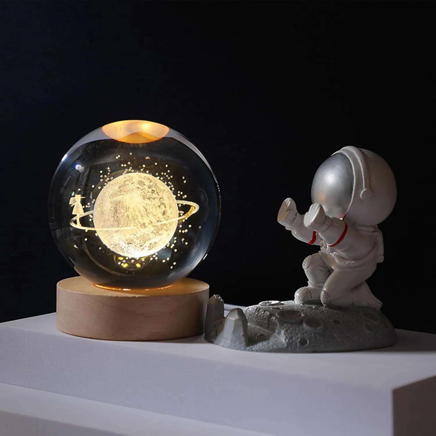3D Crystal Ball Night Light - Starry Sky Crystal Glass Sphere Lamp with Wooden Base, Starry Sky Model Decor Crystal Display Sculpture Home Decor Present for Women Friends Girls
