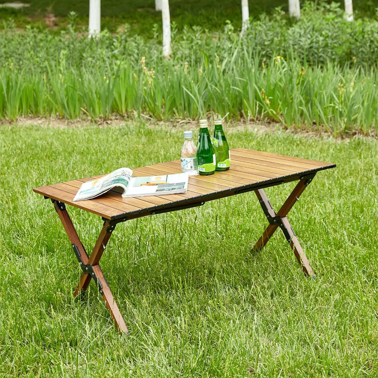 3FT Folding Camping Table, Small Lightweight Picnic Table with Roll Up Table Top, Aluminum Foldable Outdoor Table with Carry Bag, Rectangle Portable Table for Beach, Party, Patio, Outside (Brown)