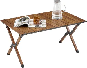 3FT Folding Camping Table, Small Lightweight Picnic Table with Roll Up Table Top, Aluminum Foldable Outdoor Table with Carry Bag, Rectangle Portable Table for Beach, Party, Patio, Outside (Brown)
