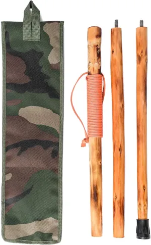 3pc Detachable Fir Wood Walking Stick for Hiking with Compass 55 Inches - with Animal Carving - Soft Hand Strap - Rubber Tip Cover