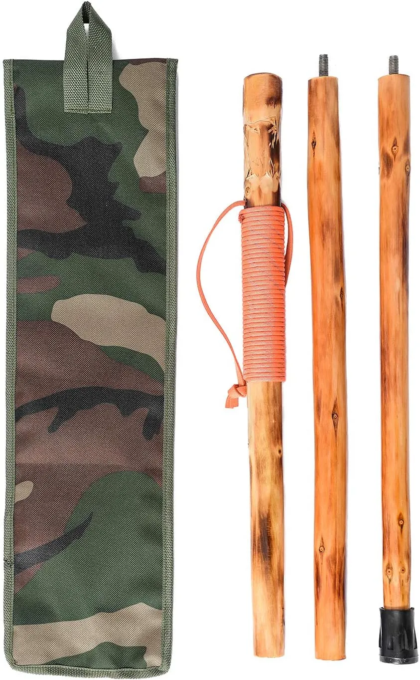 3pc Detachable Fir Wood Walking Stick for Hiking with Compass 55 Inches - with Animal Carving - Soft Hand Strap - Rubber Tip Cover