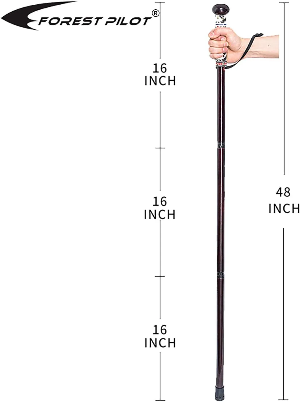 3pc Detachable Hardwood Walking Stick for Hiking with Compass 48 Inches - Soft Hand Strap - Rubber Tip Cover