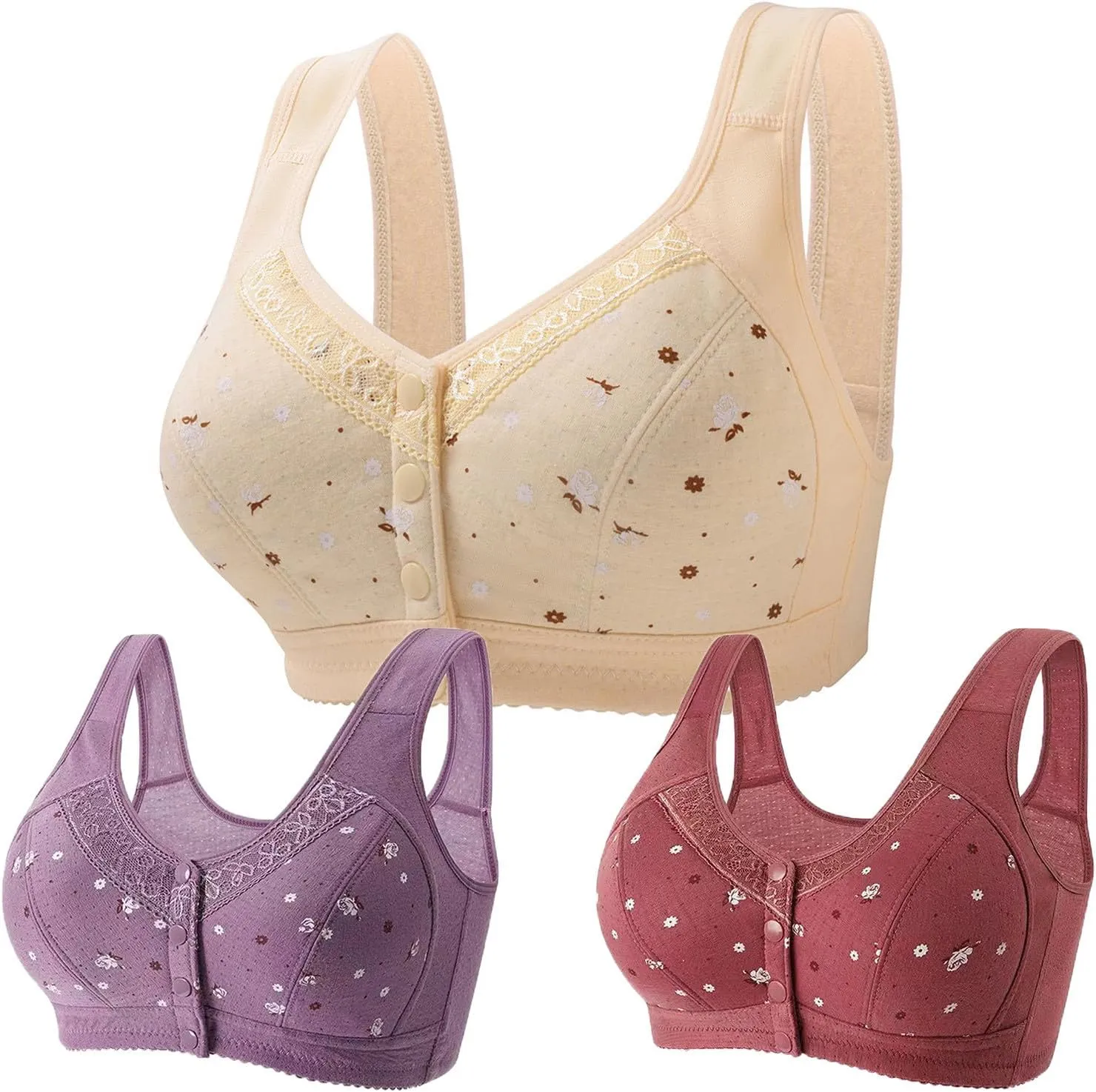 3PC Front Closure Bra for Womens Wireless Push Up Bra Yoga Sports Bralette High Support Bra (Available in Plus Size)