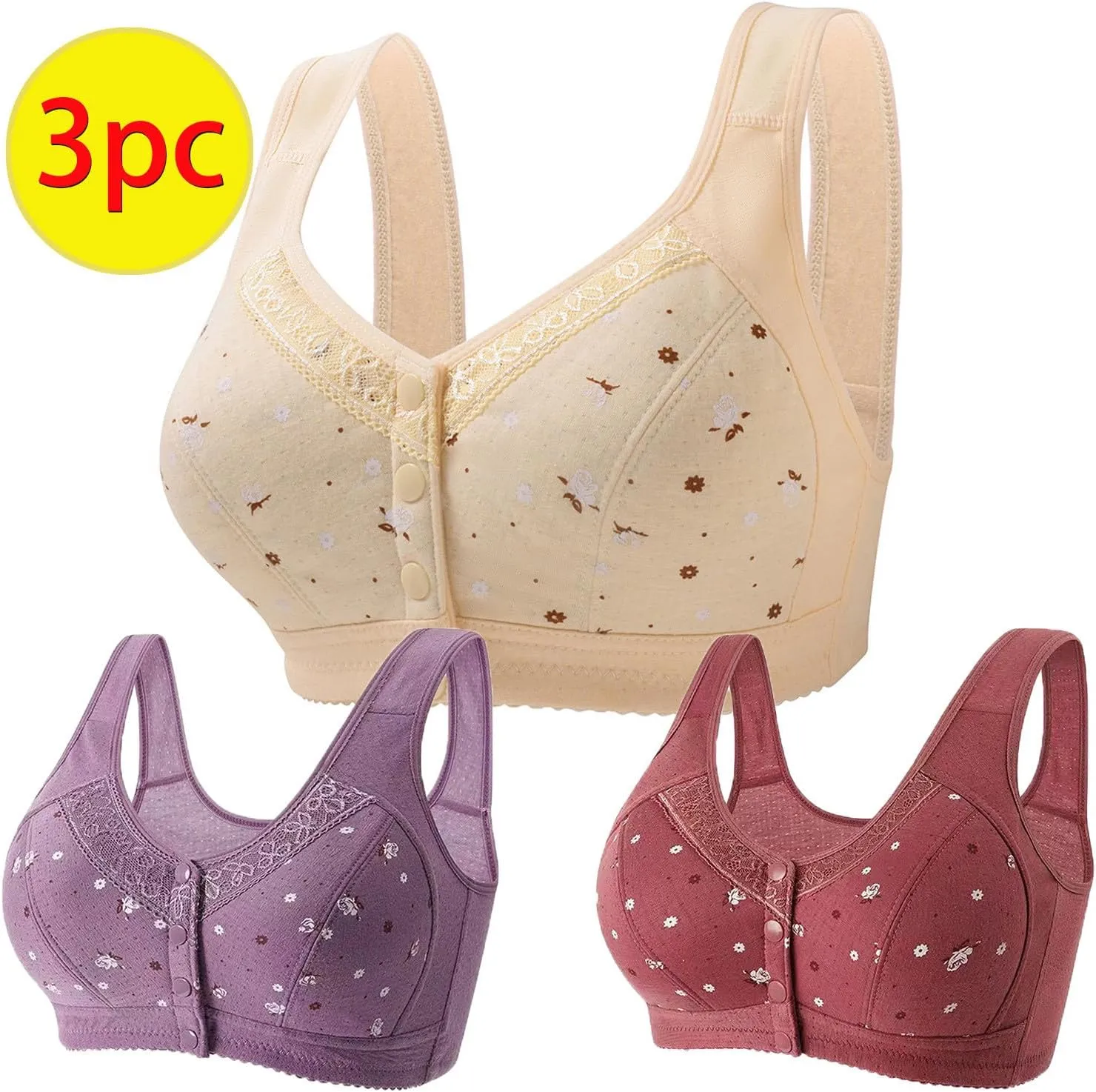 3PC Front Closure Bra for Womens Wireless Push Up Bra Yoga Sports Bralette High Support Bra (Available in Plus Size)