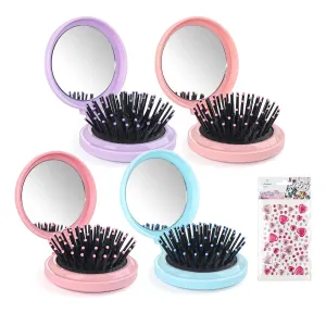 4 Colors Folding Mirror Hairbrush, 2 in 1 Compact Pocket Mirror Comb with DIY Stickers, Round Mini Pocket Makeup Mirror for Travel Women Girls (20 Pcs)