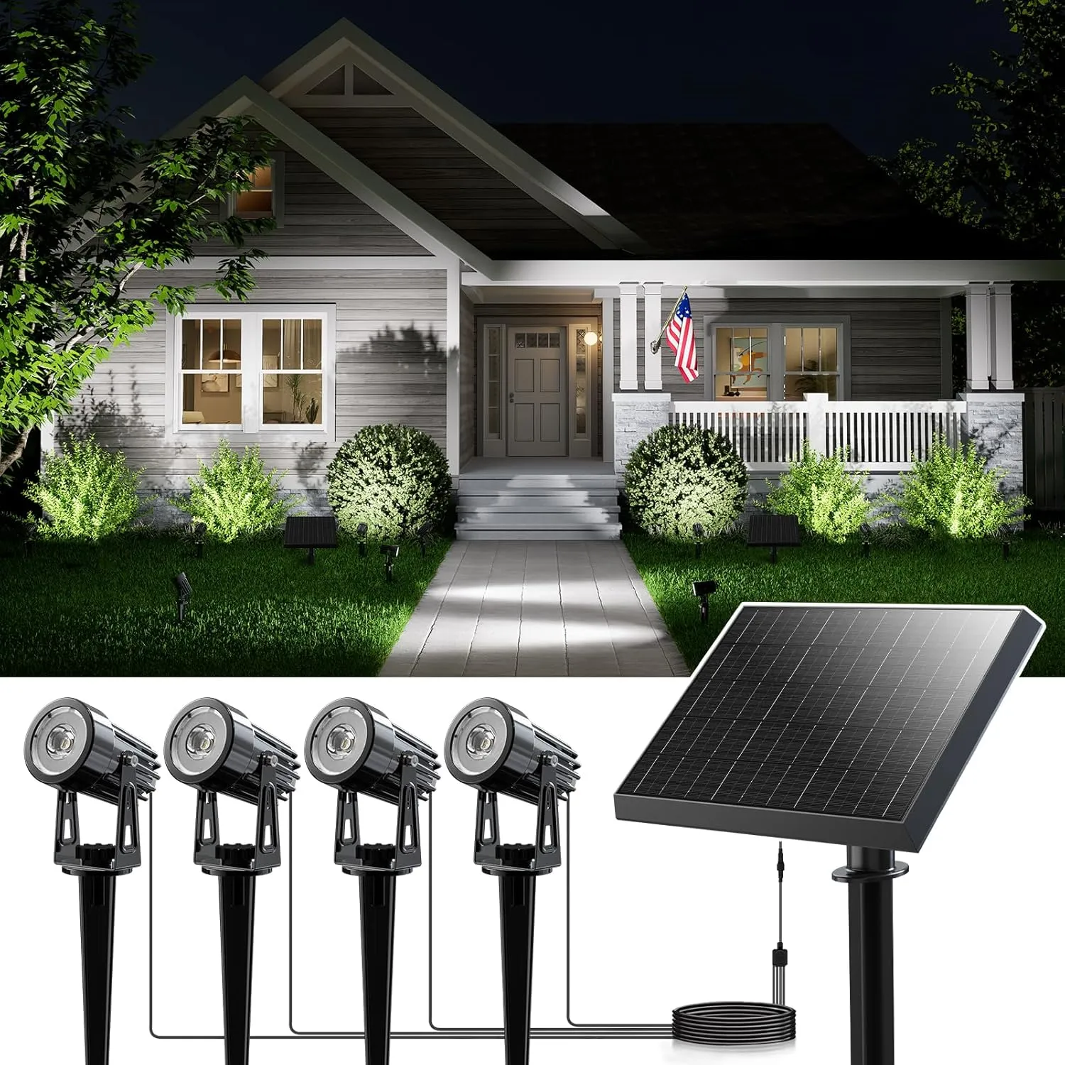4-in-1 Solar Powered Spot Lights Outside Heavy Duty Aluminum Spotlight with Separate Glass Panel, Outdoor Waterproof Up Down Landscape Light for Garden Front Yard House Wall Ground, 15.7ft Cable White
