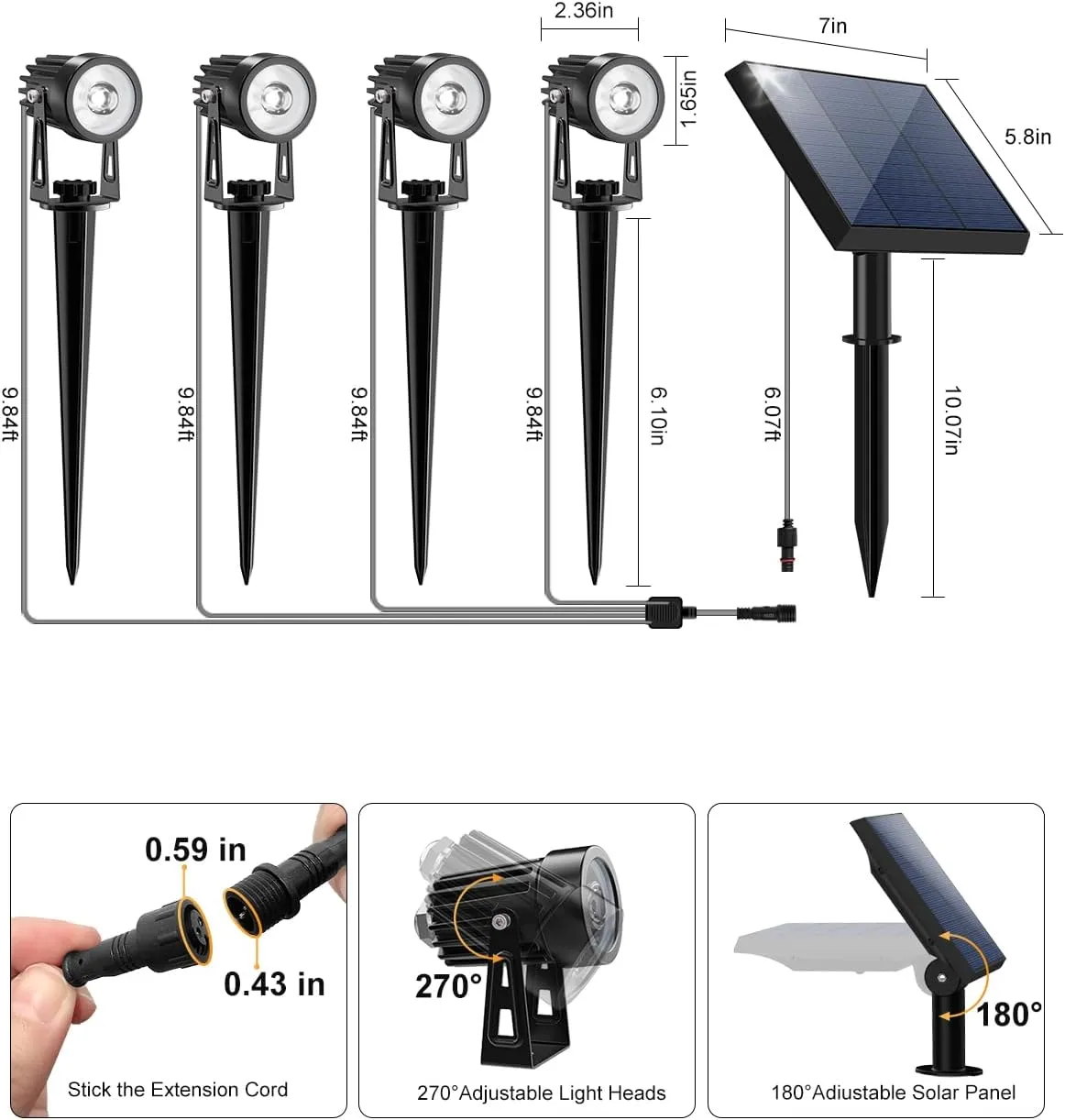 4-in-1 Solar Powered Spot Lights Outside Heavy Duty Aluminum Spotlight with Separate Glass Panel, Outdoor Waterproof Up Down Landscape Light for Garden Front Yard House Wall Ground, 15.7ft Cable White